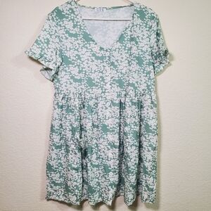 GYK Green White Floral Button Down Short Sleeve Summer Flowy Country Dress Large